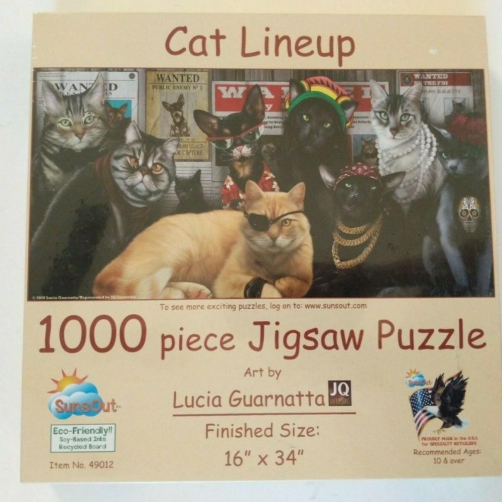 Cat Lineup 1000 pc Jigsaw Puzzle Art by Lucia Guarnatta 16x34